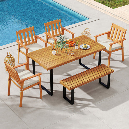 6 Piece Patio Dining Set, 63” Rectangle Table, 4 Acacia Wood Armchairs, Backless Bench Patio Dining Sets Options at Gallery Canada