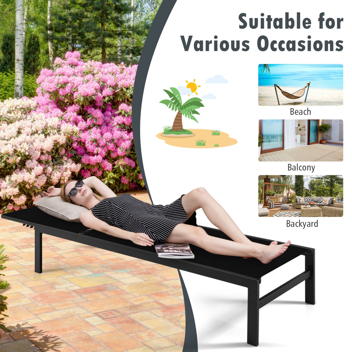 6-Position Chaise Lounge Chair, Rustproof Aluminium Frame, Black