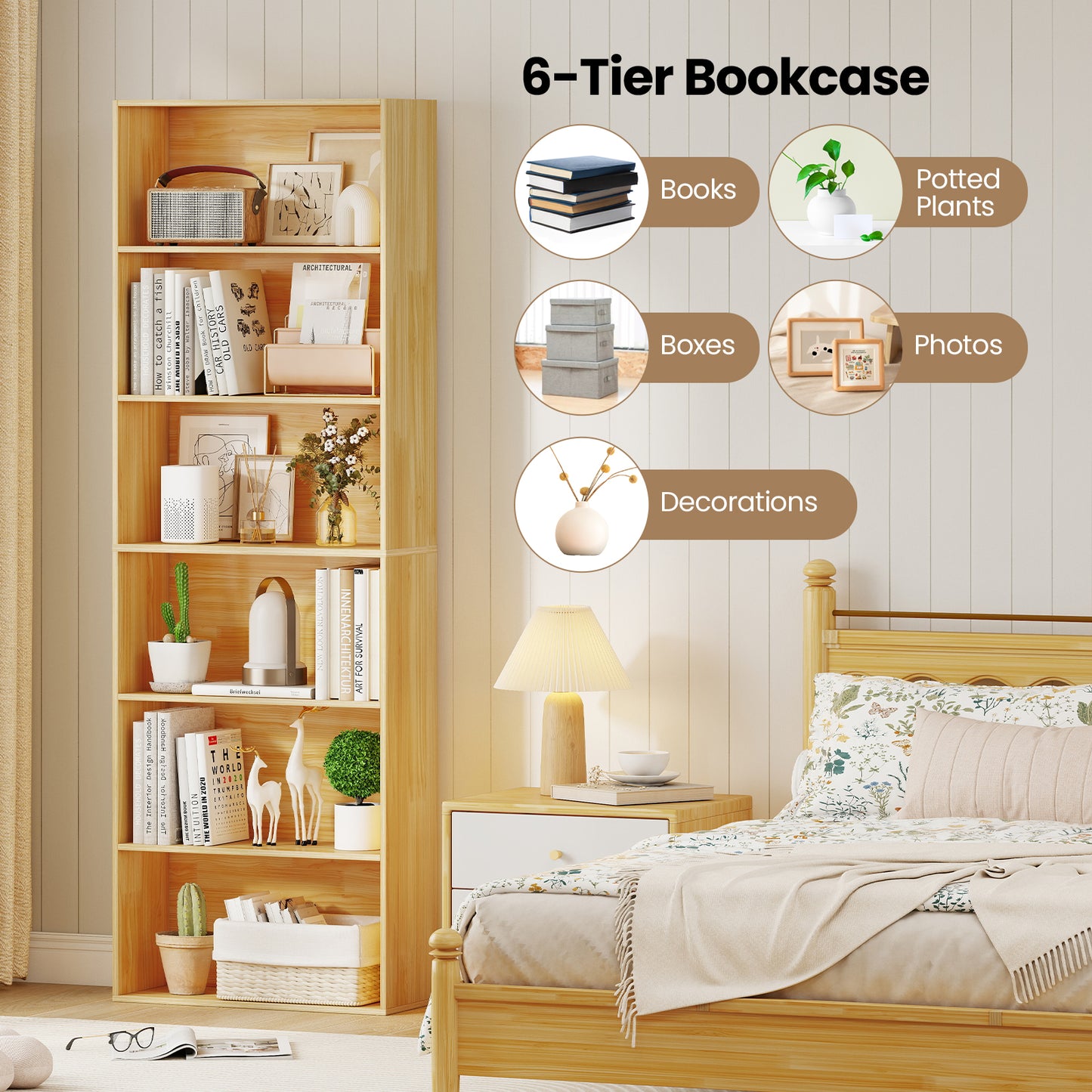 6-Tier Bookcase with 6 Open Shelves and Anti-Toppling Kits, Wood Bookcases at Gallery Canada