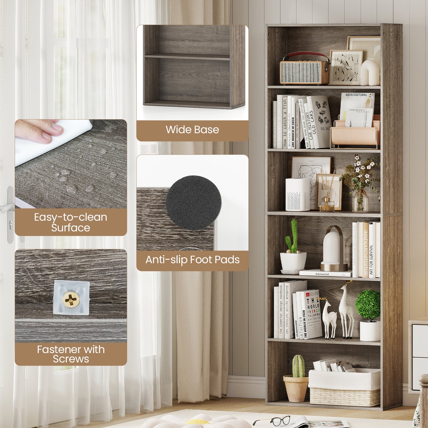6-Tier Bookcase with 6 Open Shelves and Anti-Toppling Kits, Gray Bookcases at Gallery Canada