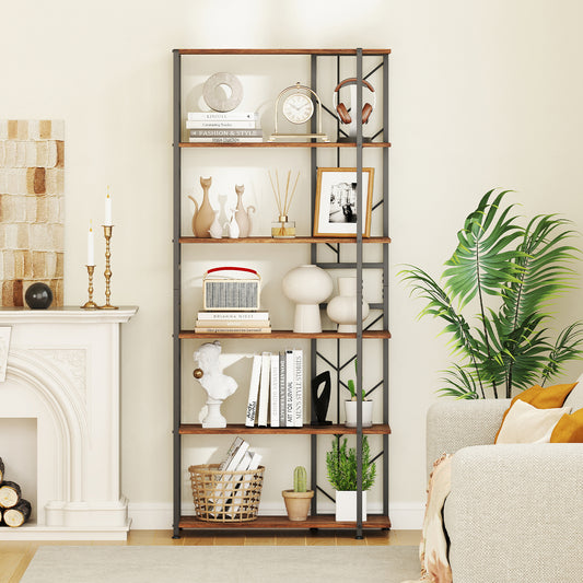 6-Tier Bookshelf, Geometric Bookcase, Heavy-Duty Metal Frame, Brown Bookcases Rustic Brown at Gallery Canada