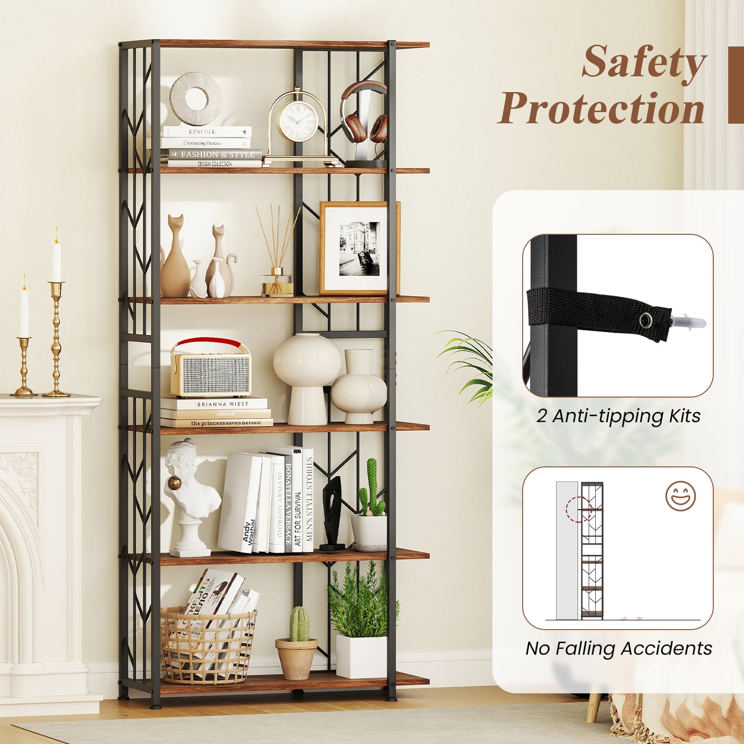 6-Tier Bookshelf Modern Geometric Bookcase with Heavy-duty Metal Frame and Anti-tipping Kits, Rustic Brown Bookcases at Gallery Canada