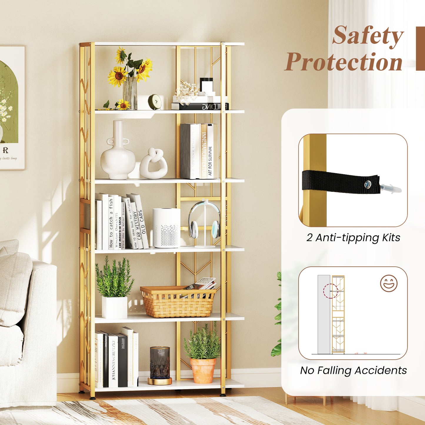 6-Tier Bookshelf, Modern Geometric Bookcase, Heavy-Duty Metal Frame, White Bookcases at Gallery Canada