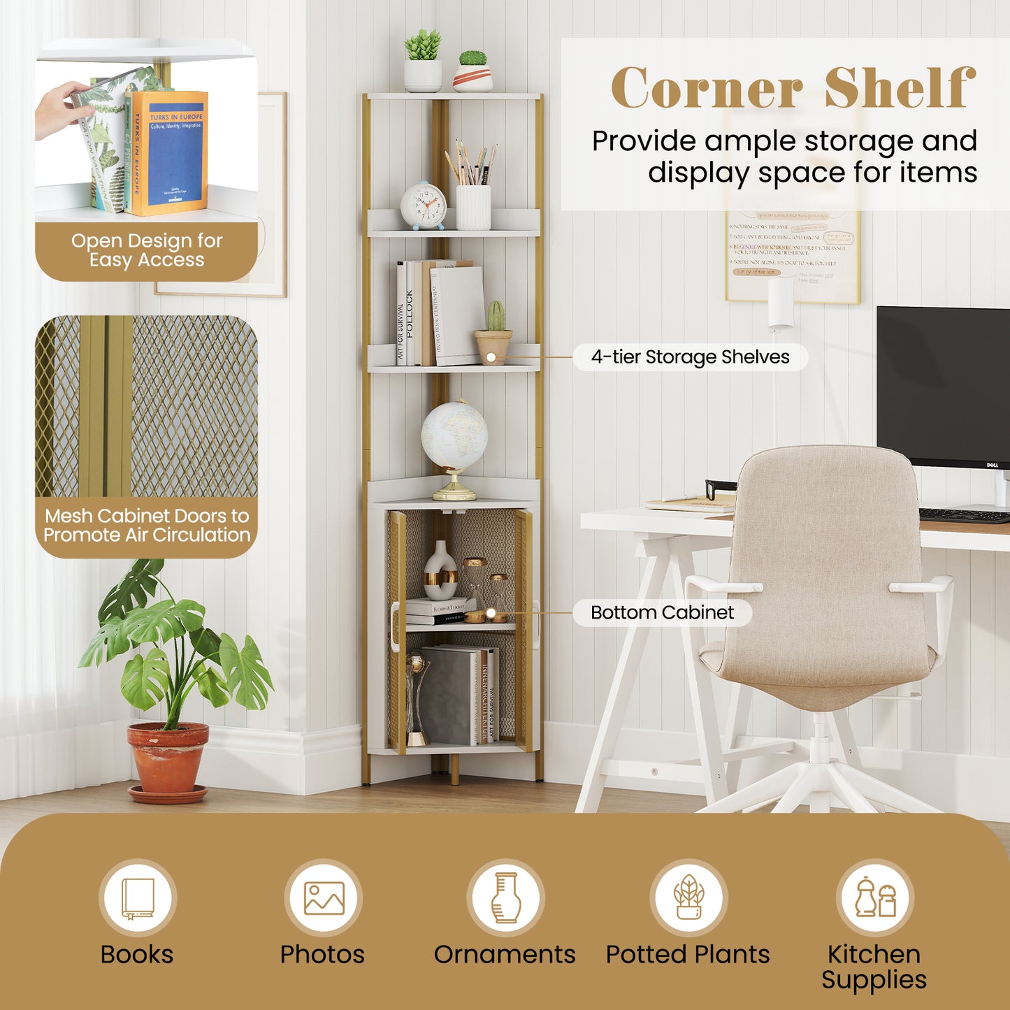 6-Tier Corner Shelf 67 Inches Tall, Industrial Bookcase Cabinet, White Bookcases at Gallery Canada