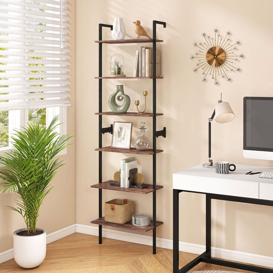 6-Tier Ladder Bookshelf, Metal Frame, Rustic Brown Bookcases Rustic Brown at Gallery Canada