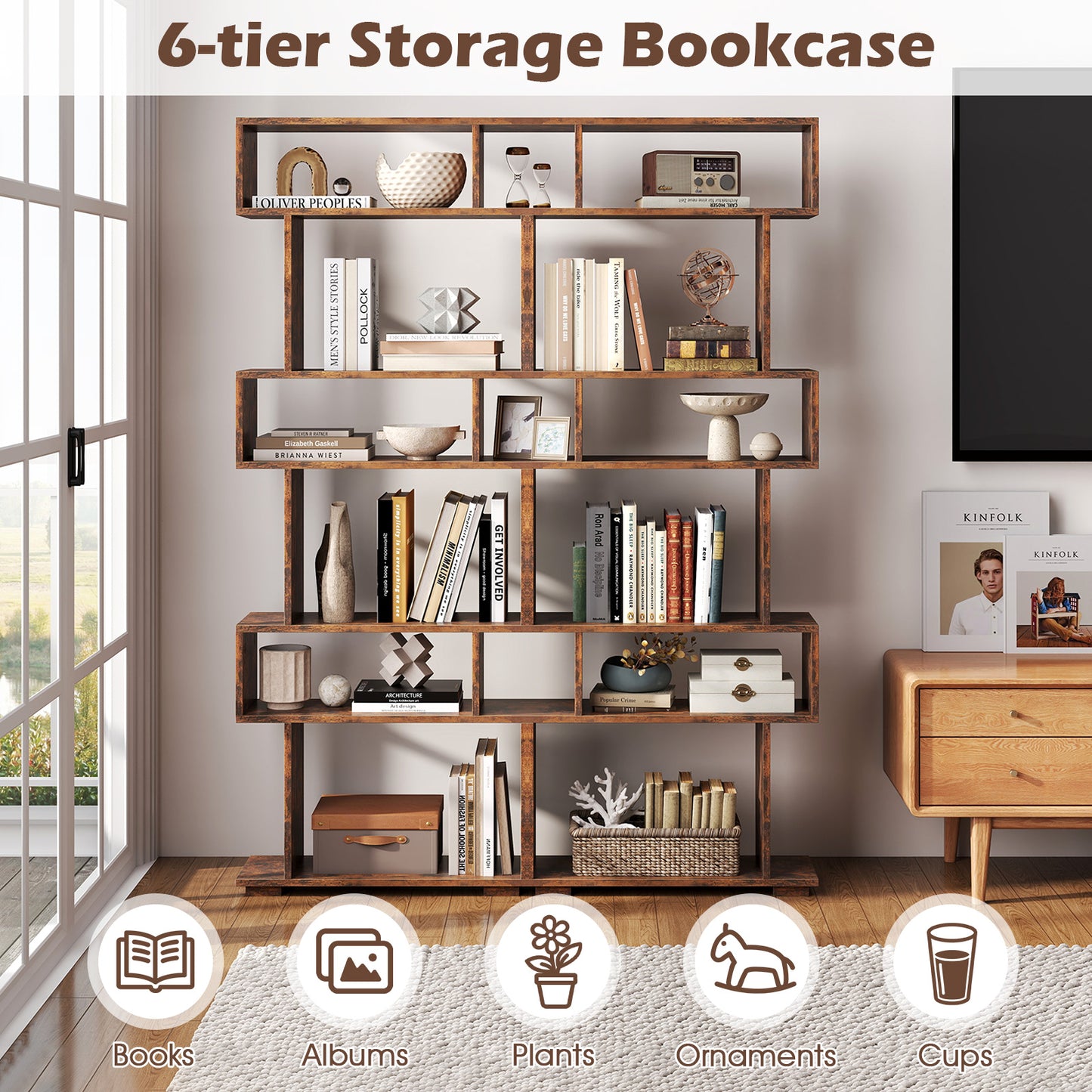6-Tier Geometric Bookshelf with 2 Anti-Tipping Kits for Home Office, Rustic Brown