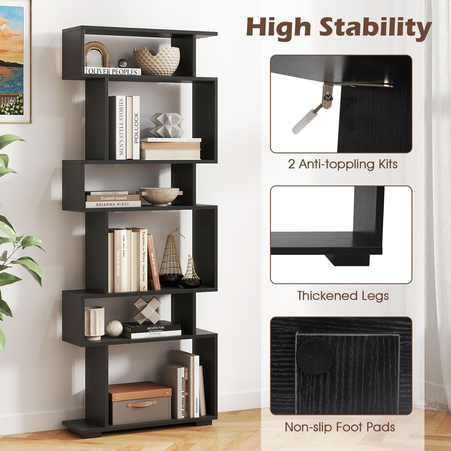 6-Tier Geometric Bookshelf, 2 Anti-Tipping Kits, Black