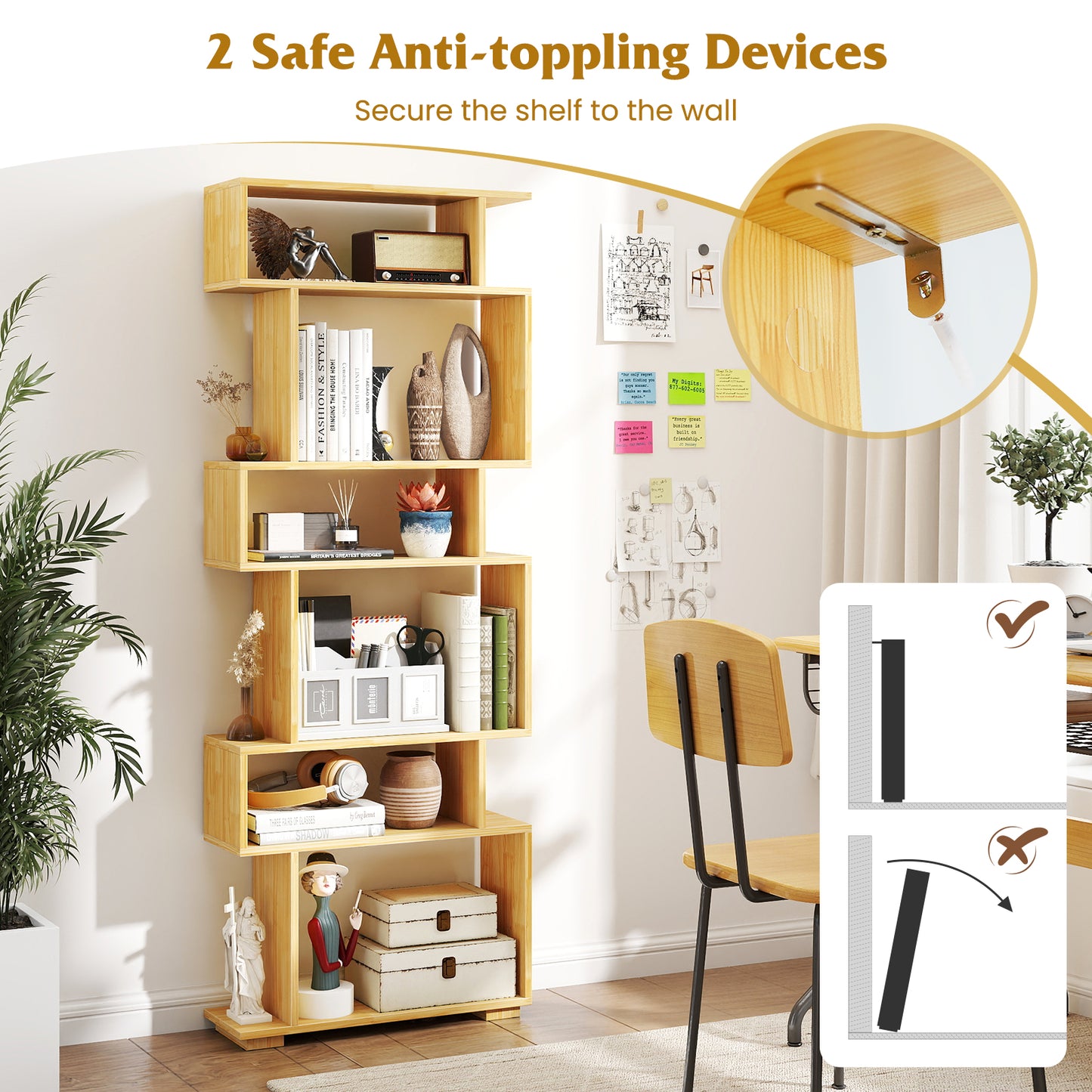 6-Tier Geometric Bookshelf with 2 Anti-Tipping Kits for Home Office-BE, Wood Bookcases at Gallery Canada