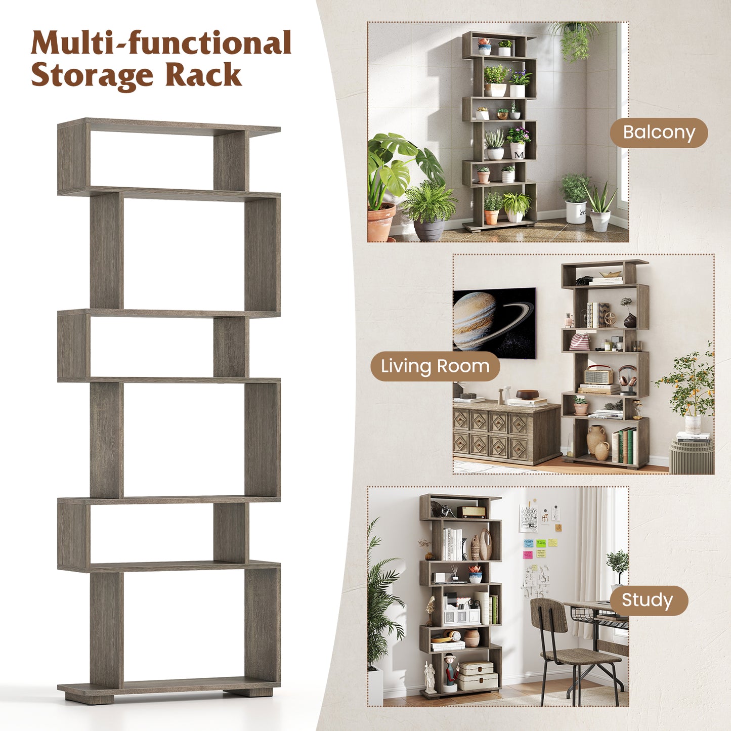 6-Tier Geometric Bookshelf with 2 Anti-Tipping Kits for Home Office, Oak Bookcases at Gallery Canada