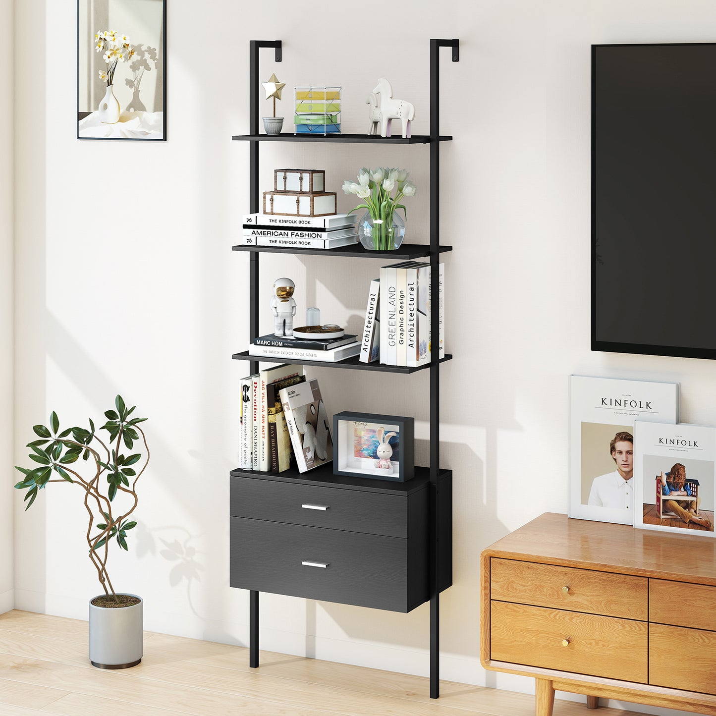 6-Tier Ladder Bookcase with 2 Drawers and Metal Frame, Black Bookcases at Gallery Canada