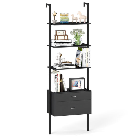 6-Tier Ladder Bookcase with 2 Drawers and Metal Frame, Black Bookcases Black at Gallery Canada