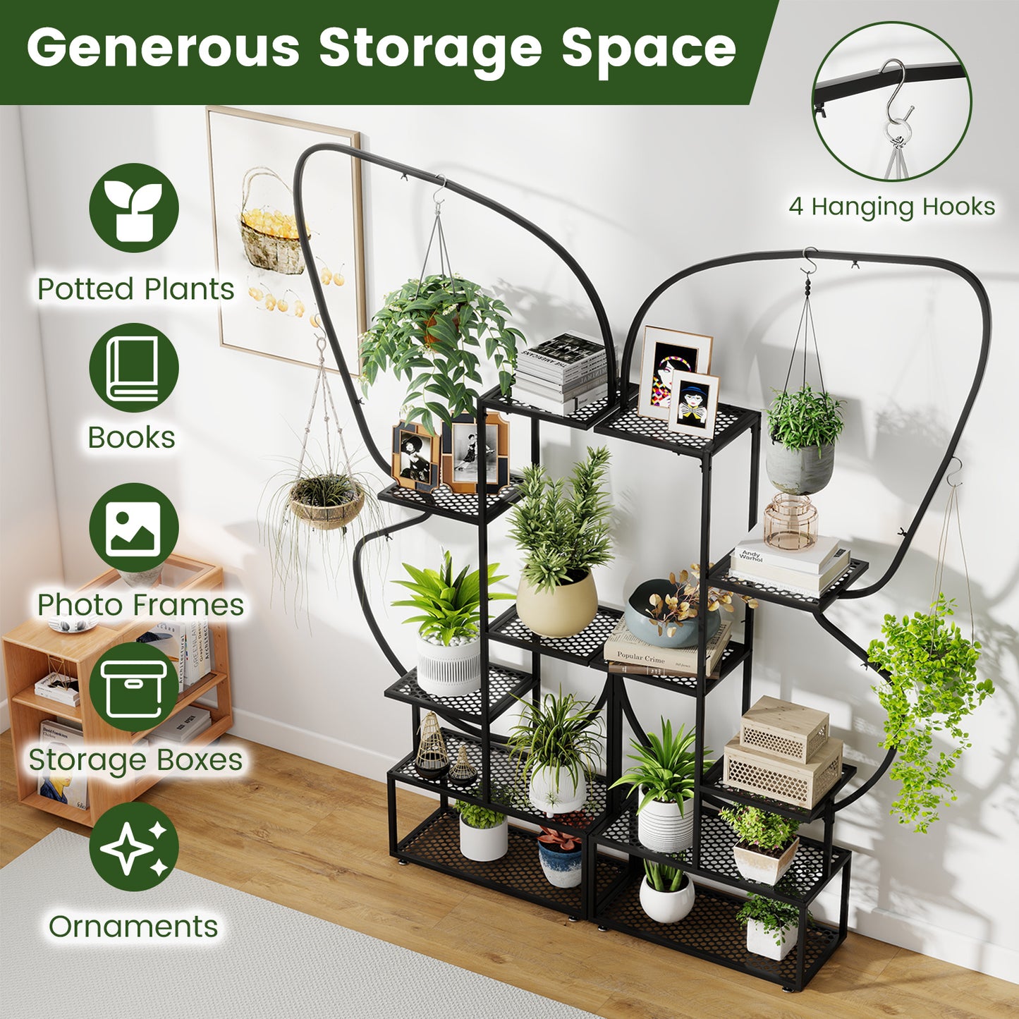 6-Tier Metal Plant Stand Ladder, Display Rack With Hanging Hooks, Black Plant Stands at Gallery Canada