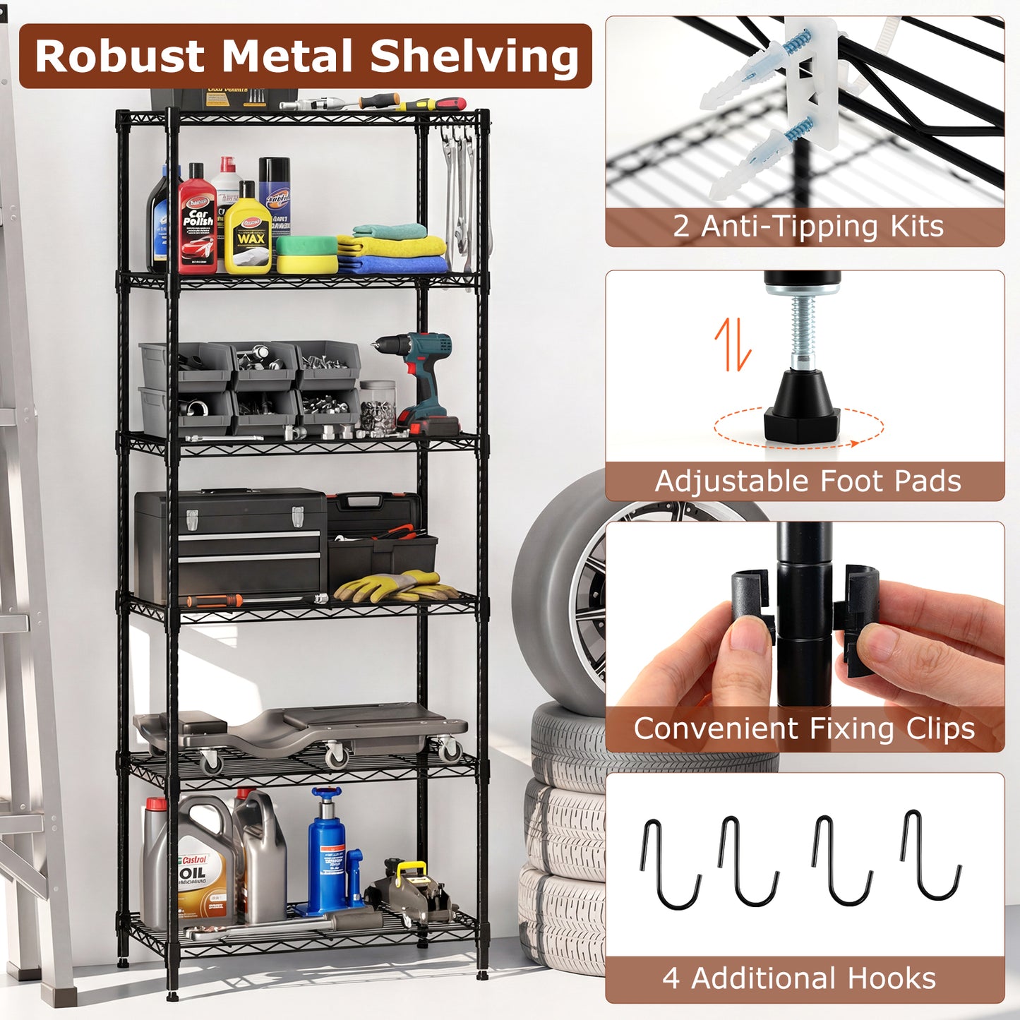 6-Tier Metal Storage Shelving Unit with V-Shaped Wire Rack and 900 LBS Capacity-DK, Black Garages at Gallery Canada