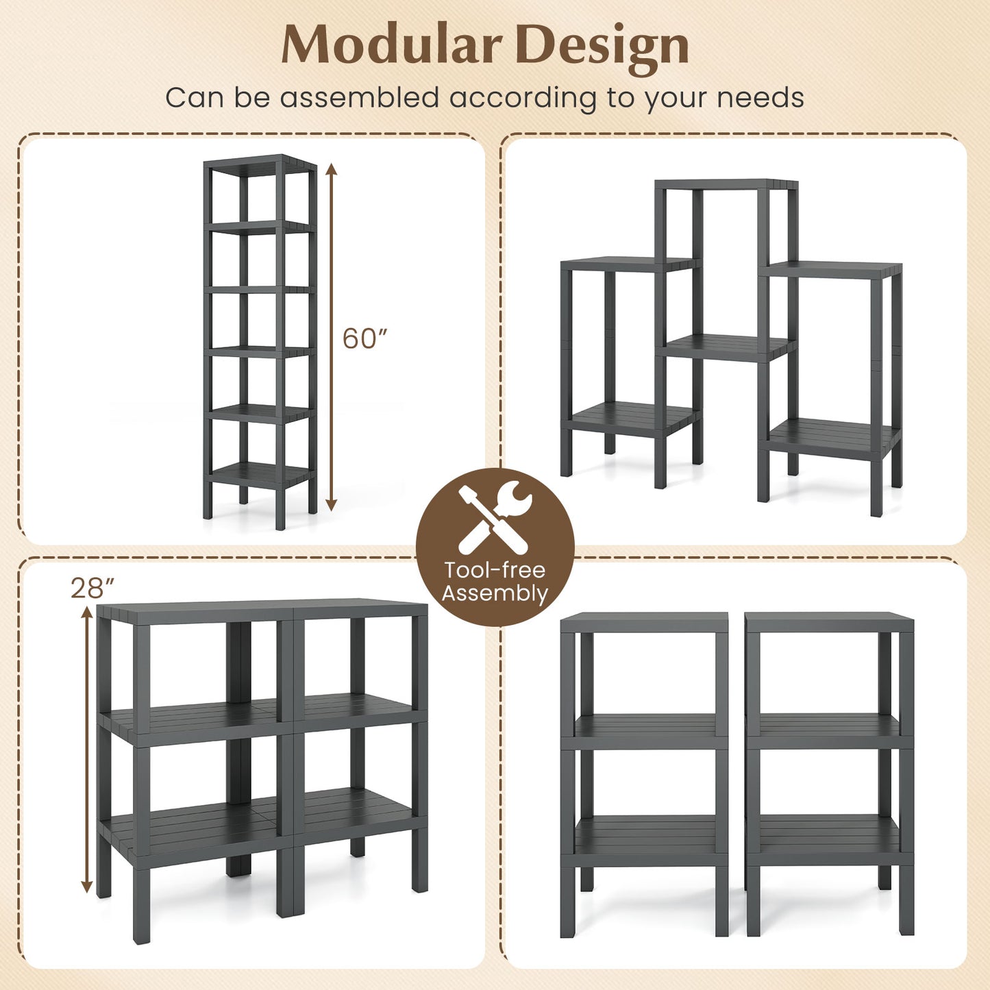 6-Tier Plastic Modular Storage Shelves for Living Room and Kitchen, Gray Raised Garden Beds at Gallery Canada