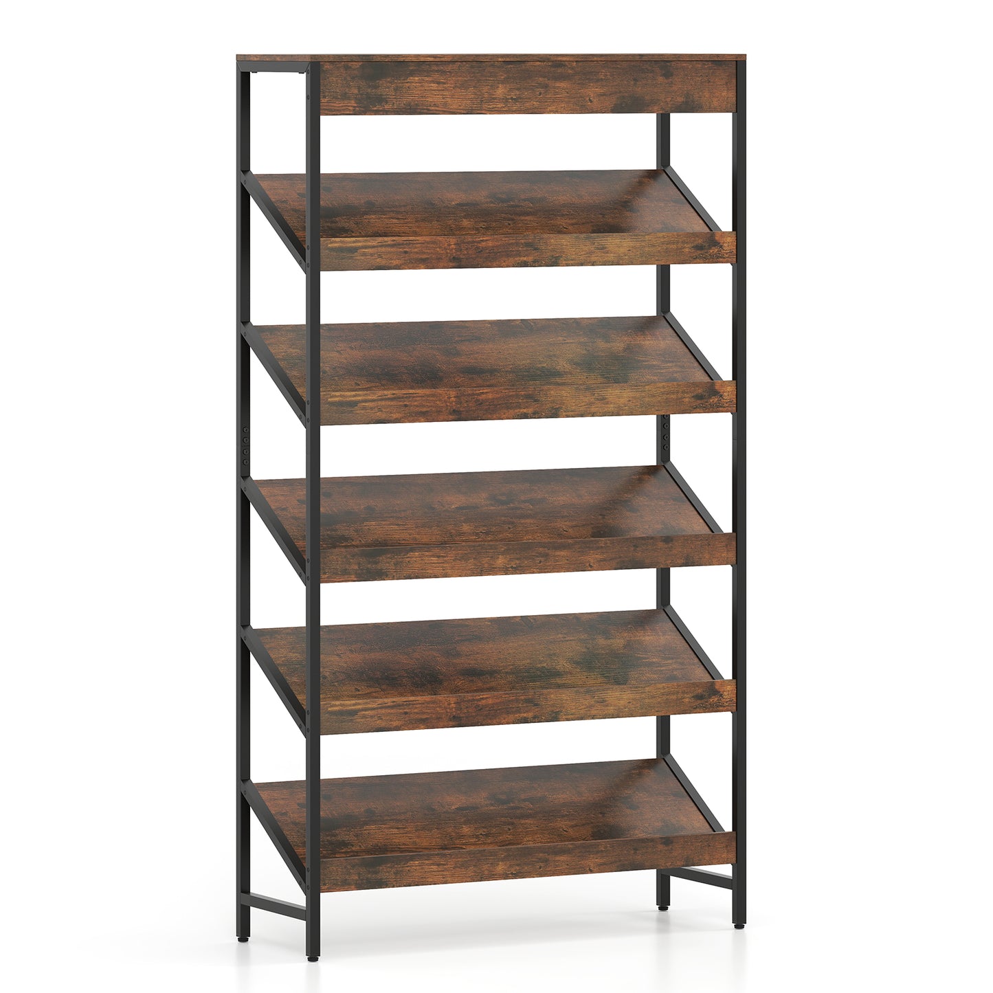 6-Tier Tall Freestanding Bookshelf with Angled Shelves for Home Office, Rustic Brown