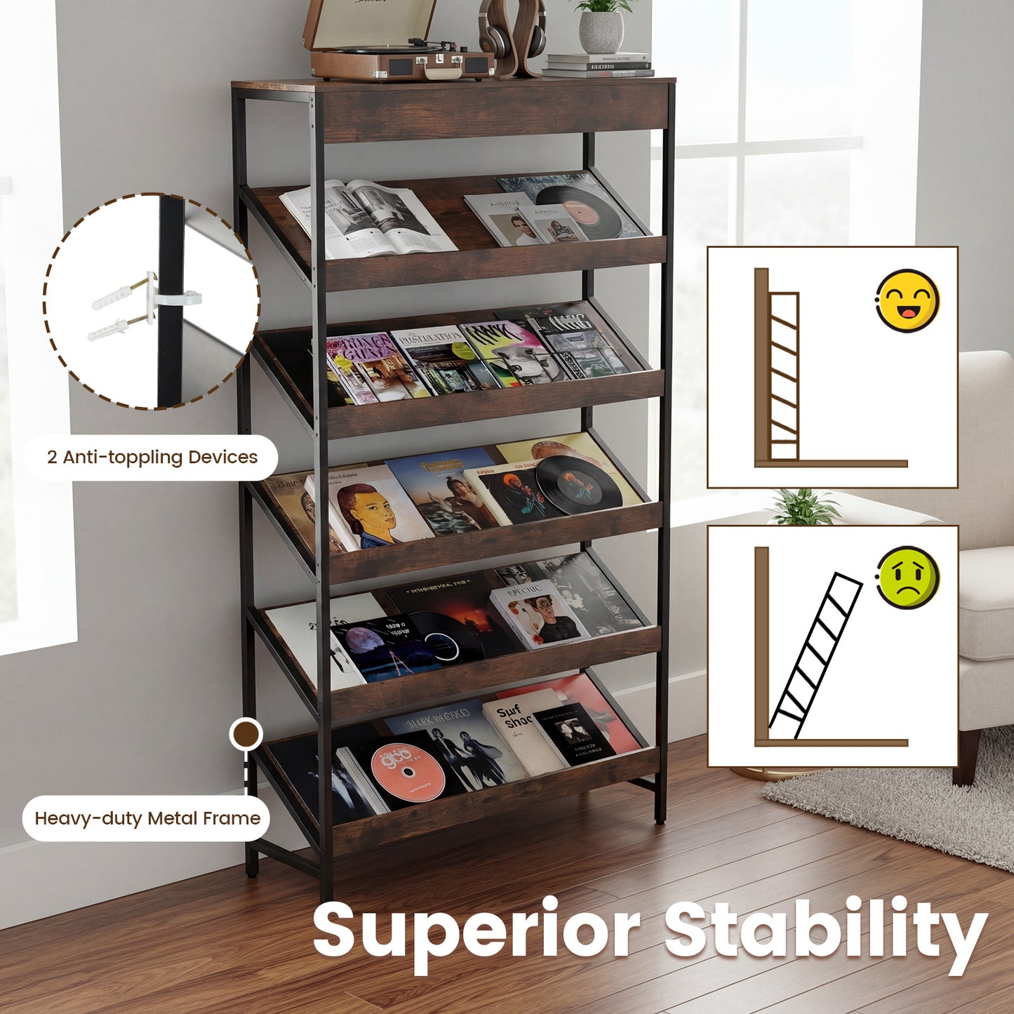 6-Tier Tall Freestanding Bookshelf with Angled Shelves for Home Office, Rustic Brown Bookcases at Gallery Canada