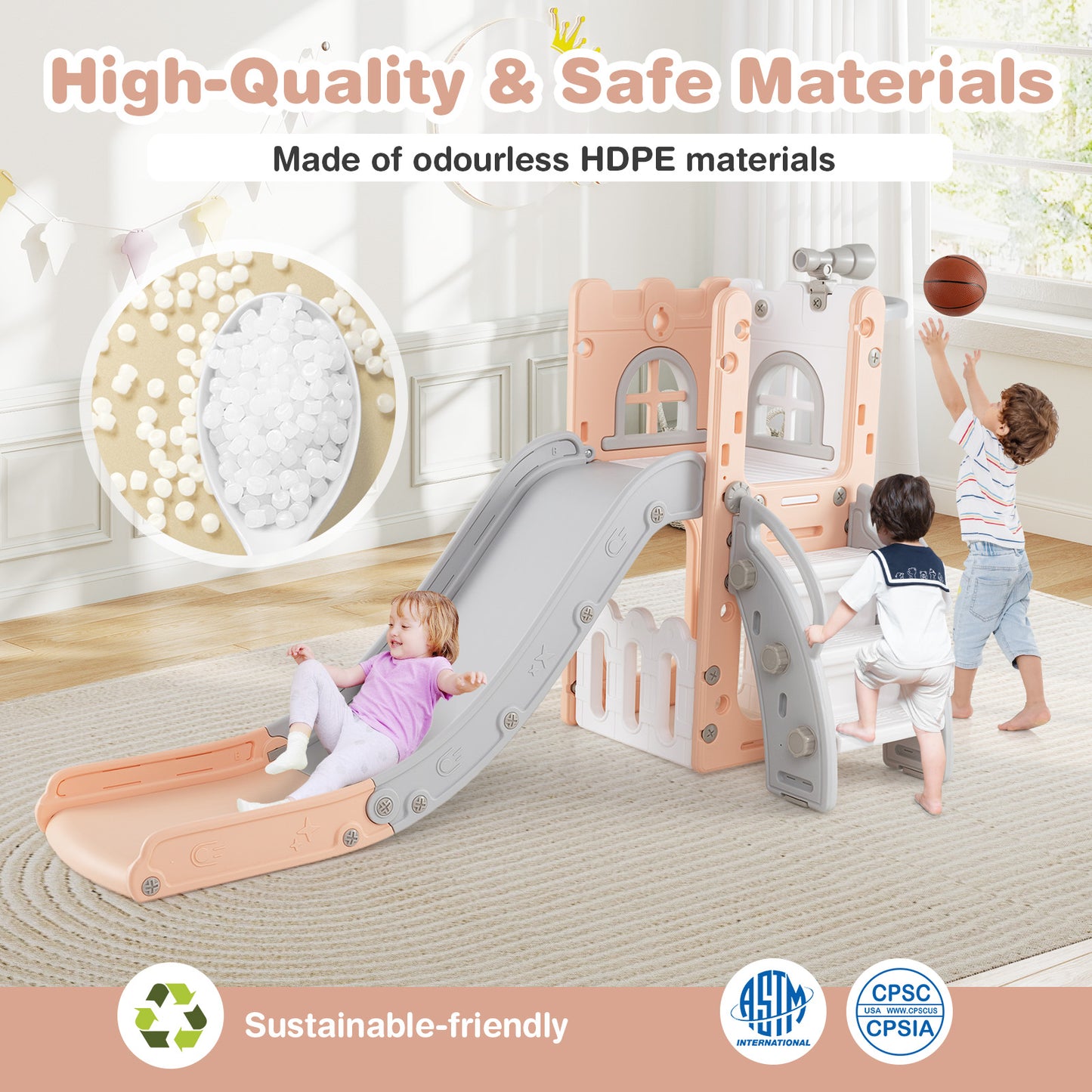 6-in-1 Toddler Slide L-shaped Playground with Basketball Hoop and Ladder, Pink Climbers & Slides at Gallery Canada