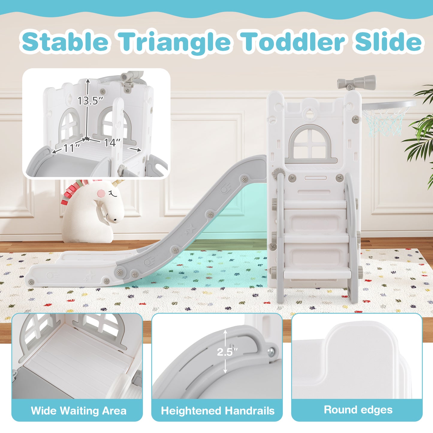 6-in-1 Toddler Slide Playground With Basketball Hoop, Ladder, Gray Climbers & Slides at Gallery Canada