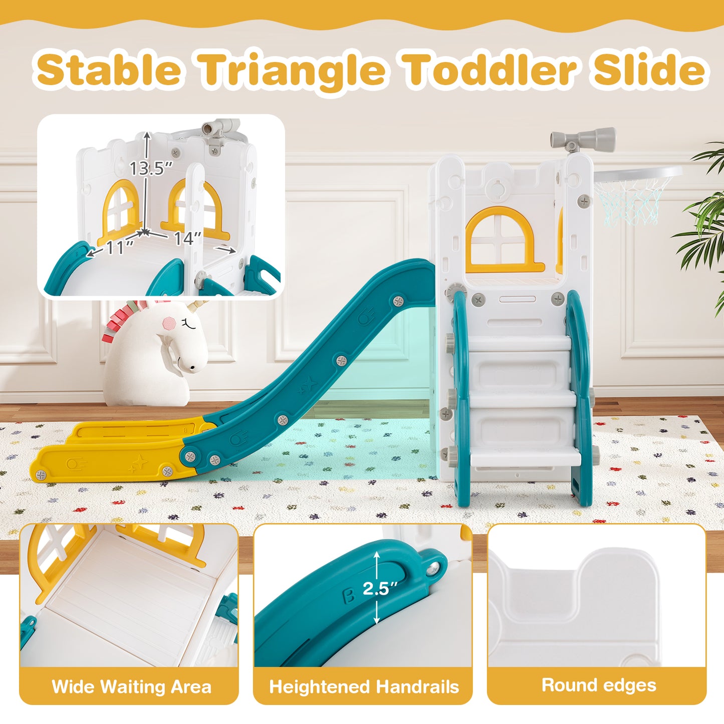 6-in-1 Toddler Slide, L-Shaped Playground, Basketball Hoop, Yellow Climbers & Slides at Gallery Canada
