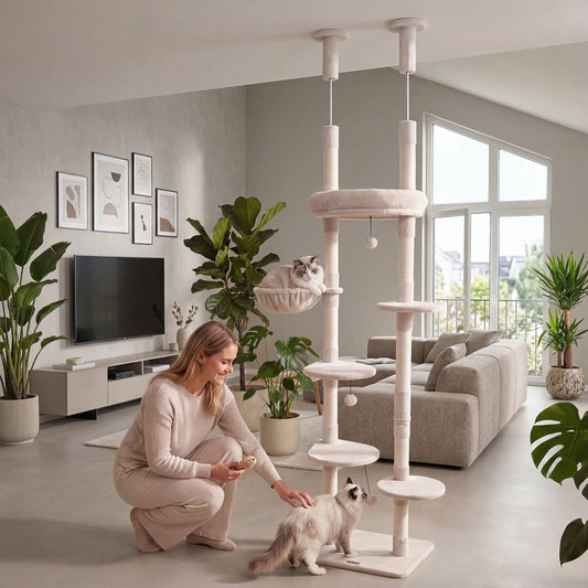 6-tier Floor to Ceiling Cat Tree with Plush Bed and Sisal Scratching Posts, Beige Cat Trees Condos & Scratchers Beige at Gallery Canada