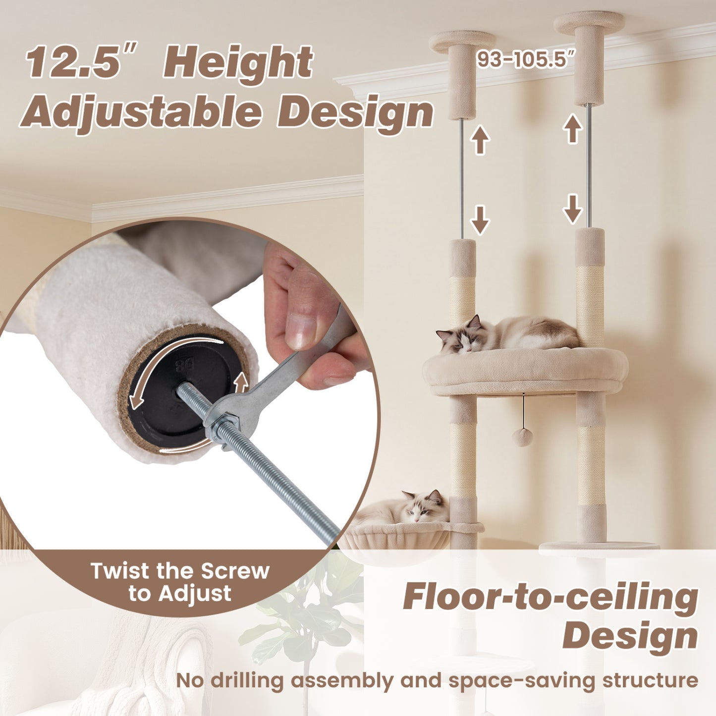 6-tier Floor to Ceiling Cat Tree with Plush Bed and Sisal Scratching Posts, Beige Cat Trees Condos & Scratchers at Gallery Canada