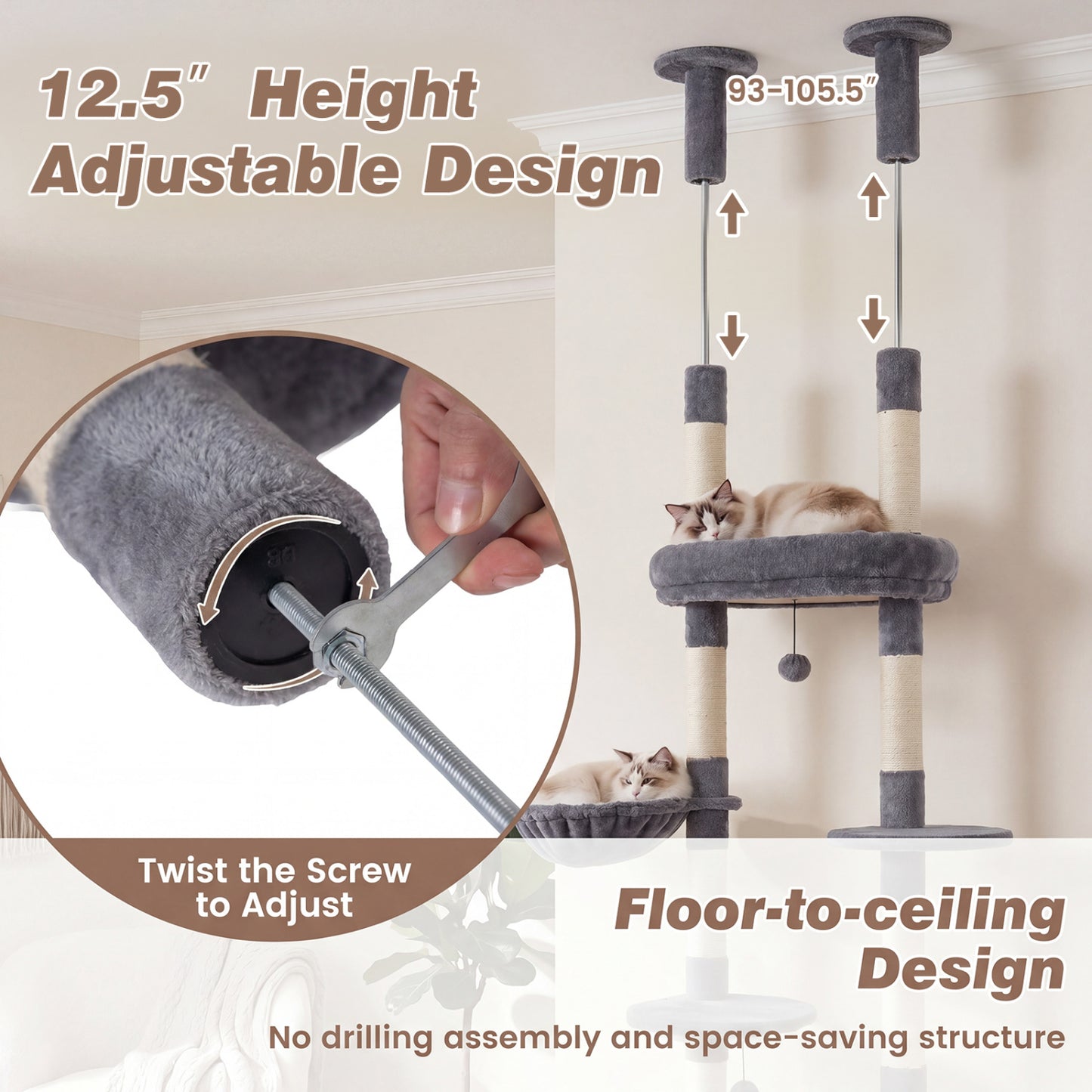 6-tier Floor to Ceiling Cat Tree with Plush Bed and Sisal Scratching Posts, Gray Cat Trees Condos & Scratchers at Gallery Canada