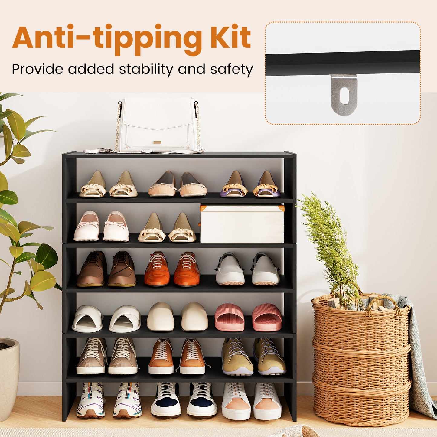 6-Tier Shoe Rack With Anti-Tipping Device, Black Shoe Racks & Storage Benches at Gallery Canada