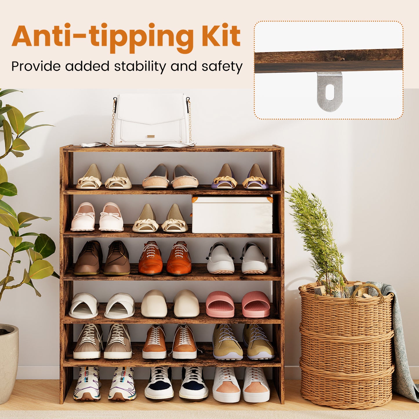 6-Tier Shoe Rack With Anti-Tipping Device, Rustic Brown Shoe Racks & Storage Benches at Gallery Canada