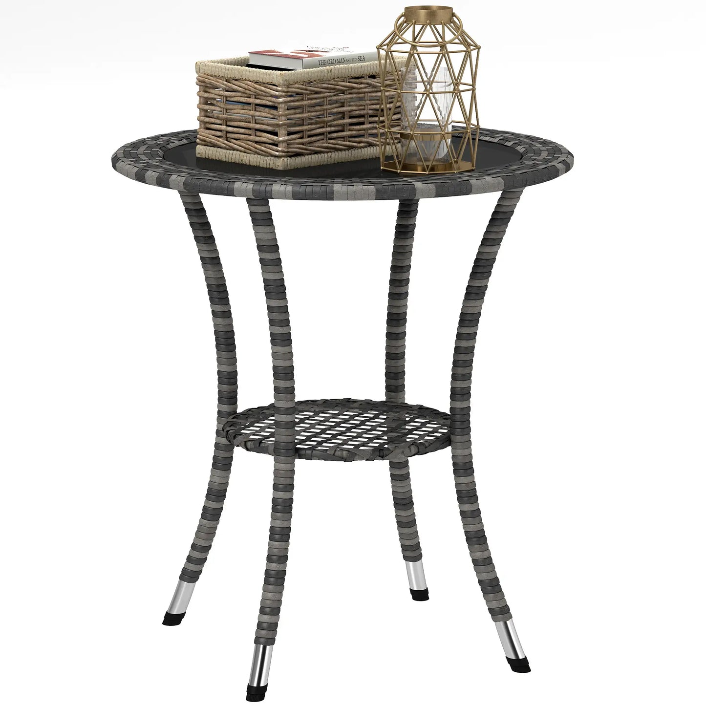 Outdoor Rattan Dining Table, Round Wicker Coffee Table, 2-Tier Shelf, Mixed Grey Patio Dinning Tables at Gallery Canada