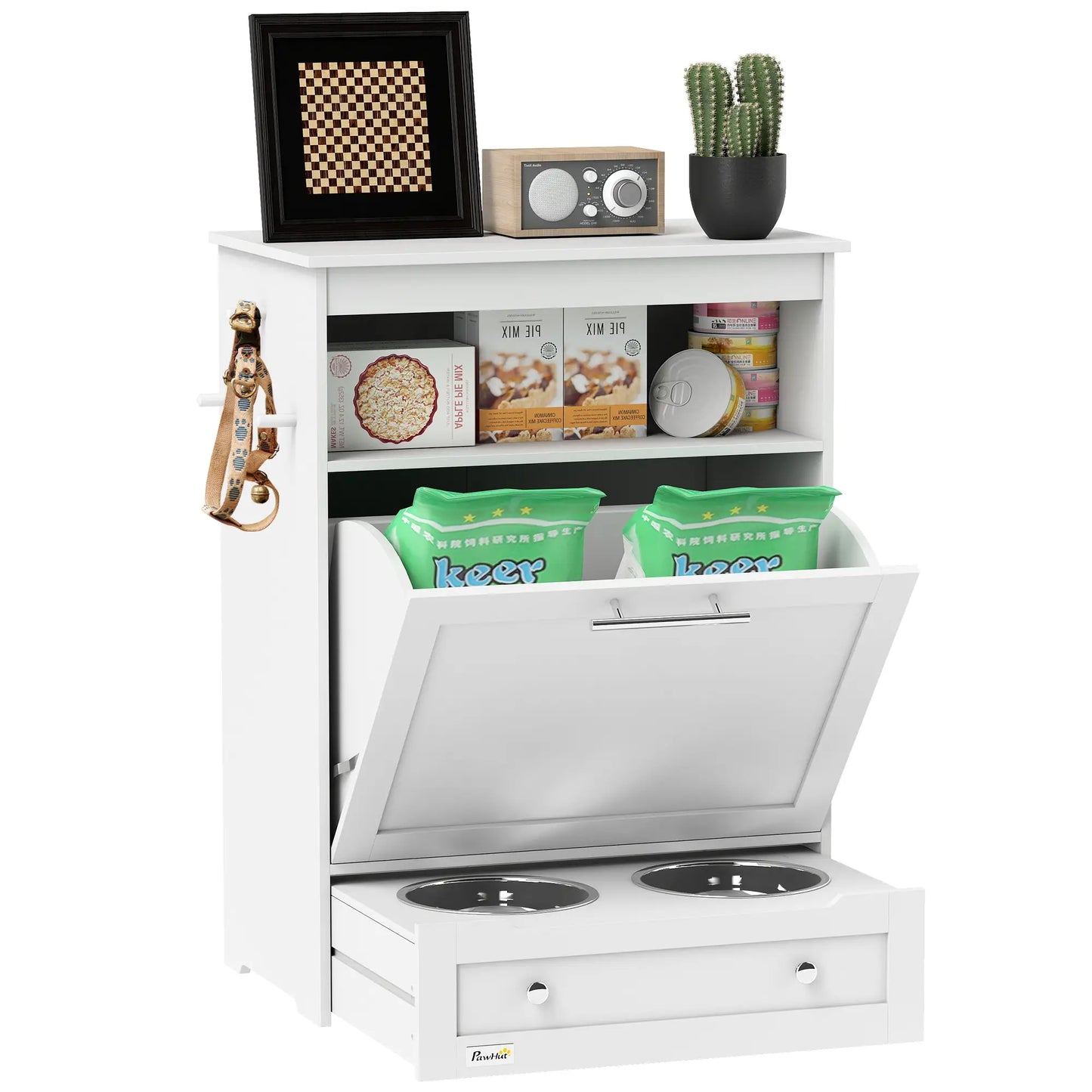 Station de Nourriture pour Animaux, Armoire de Stockage pour Nourriture de Chien avec Bols, Gris