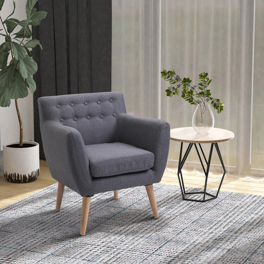 Mid-Century Modern Linen Armchair, Wood Frame, Thick Padding, Light Grey Accent Chairs Light Grey at Gallery Canada
