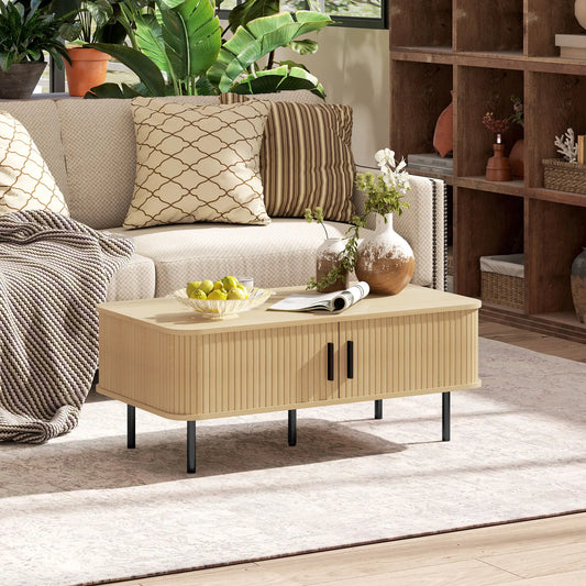 Coffee Table with Storage, Nordic Side Table, Slatted Tambour Doors, Steel Legs, Oak