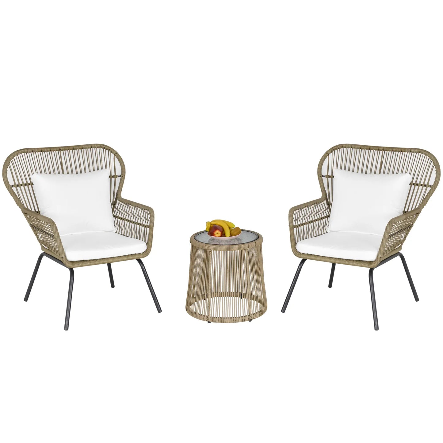 3 Pc Wicker Patio Set, Rattan Bistro with Table, Cushions, Outdoor, Coffee, White Bistro Sets at Gallery Canada