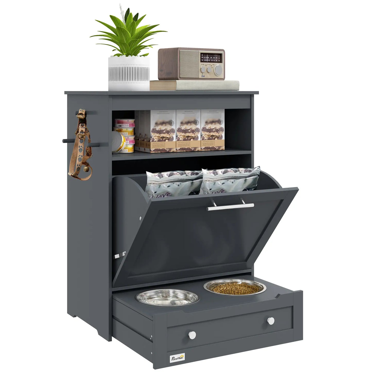 Pet Feeder Storage Cabinet, Dog Food Container with Bowls, Grey Dog Bowls at Gallery Canada