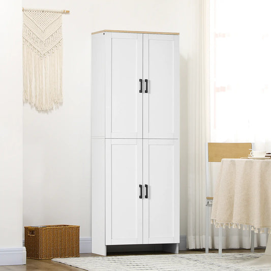 67" 4-Door Kitchen Pantry Cabinet, Freestanding, Adjustable Shelves, White Kitchen Pantry Cabinets White and Natural Wood Effect Top at Gallery Canada