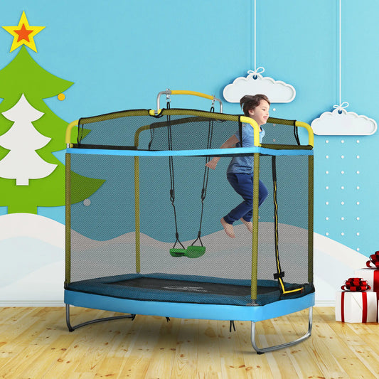 6.9FT Trampoline pour Enfants, Filet de Sécurité, Barre de Gymnastique, Balançoire, Intérieur/Extérieur