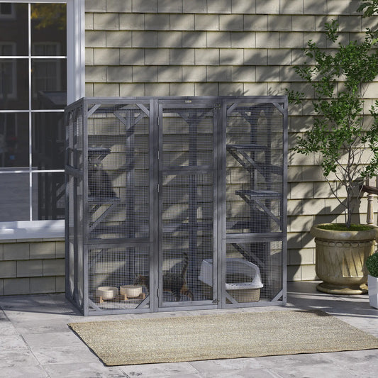 Outdoor Cat Enclosure, 6 Jumping Platforms, Weatherproof Roof, Large Door, 59" x 28" x 60", Grey Outdoor Cat Enclosures Grey at Gallery Canada