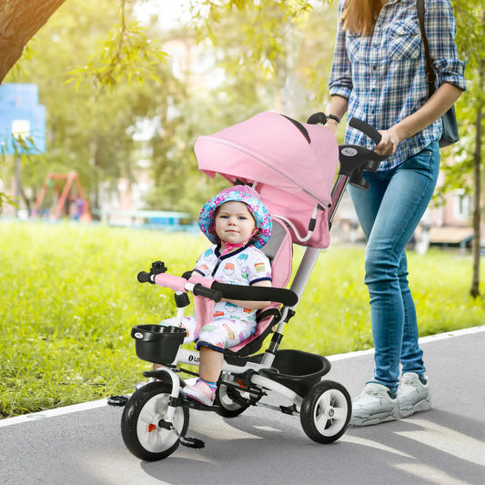 6 in 1 Toddler Tricycle, Parent Push Handle, Canopy, Storage Baskets, Pink Tricycles for Kids Pink, White at Gallery Canada