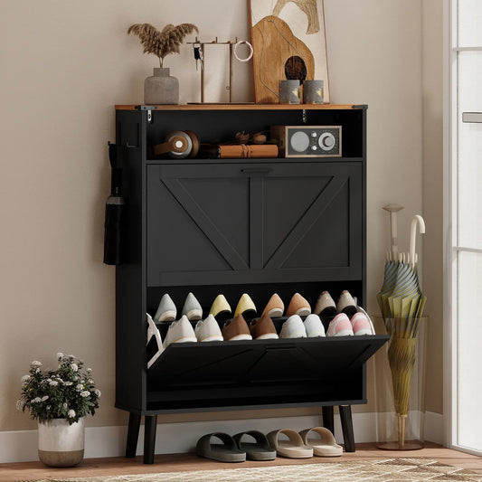 Shoe Storage Cabinet, 2 Flip Drawers, Farmhouse Narrow, Holds 16 Pairs, Black Shoe Storage Cabinets & Racks Black, Brown at Gallery Canada