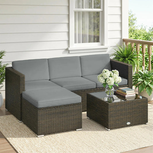3-Piece Patio Furniture Set With Cushions, Outdoor Rattan Sofa With Glass Table