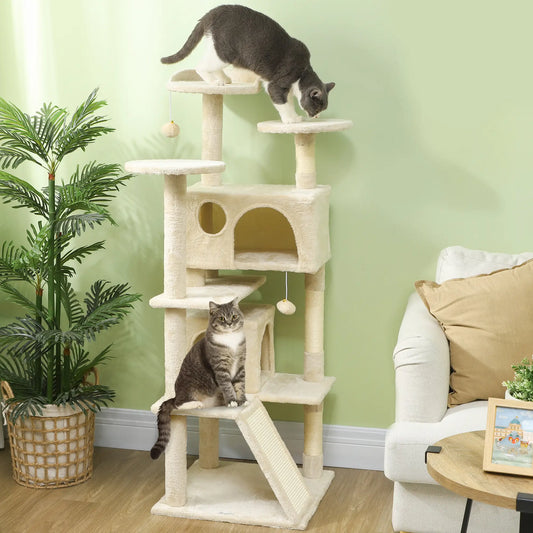54" Cat Tree, Multi-Level Tower with Scratching Posts, Condos, Beige Cat Towers Beige, Cream White at Gallery Canada