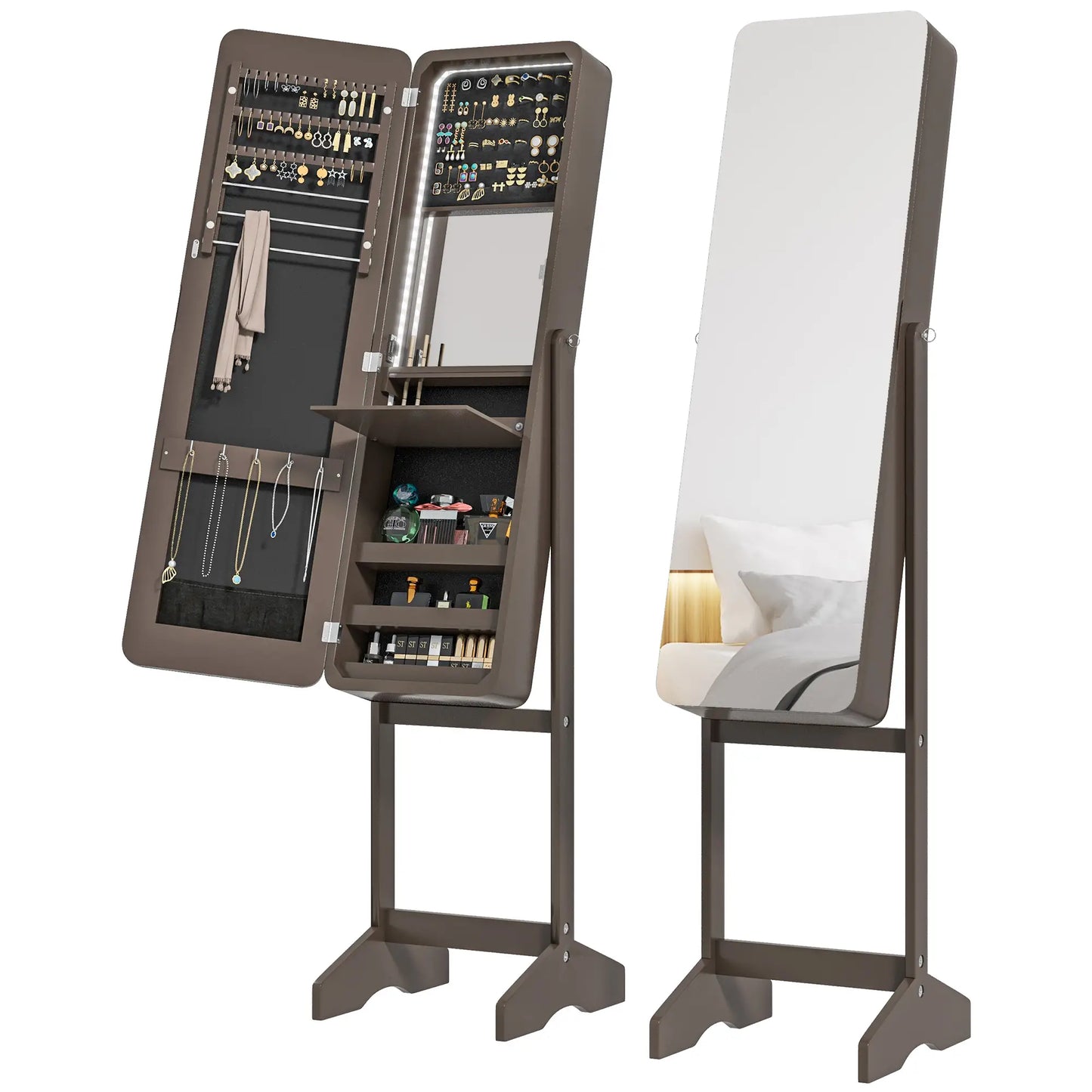 Standing Jewelry Cabinet with LED, Adjustable Mirror, Brown Jewelry Armoire & Jewellery Mirror Cabinets at Gallery Canada