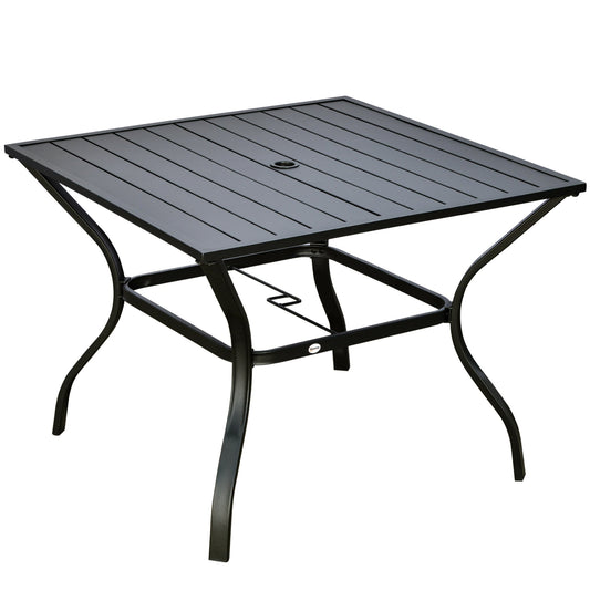 Outdoor Dining Table for Four, Patio Table with Parasol Hole, Square Garden Table with Slatted Metal Plate Top, for Backyard, Poolside, Black - Gallery Canada