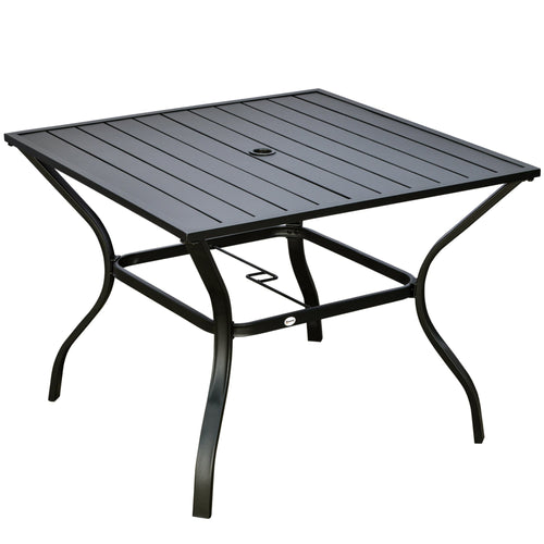 Outdoor Dining Table for Four, Patio Table with Parasol Hole, Square Garden Table with Slatted Metal Plate Top, for Backyard, Poolside, Black