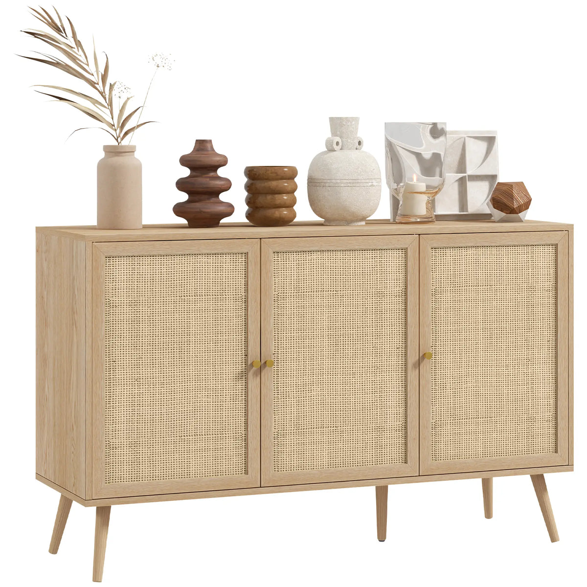 Boho Kitchen Sideboard Cabinet, Shelves, Wood Legs, Rattan Doors, Natural Storage Cabinets at Gallery Canada