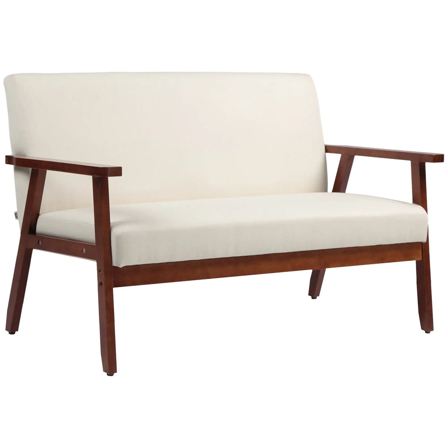 Canapé compact deux places, Tissu en lin, Pieds en bois de caoutchouc, Blanc crème