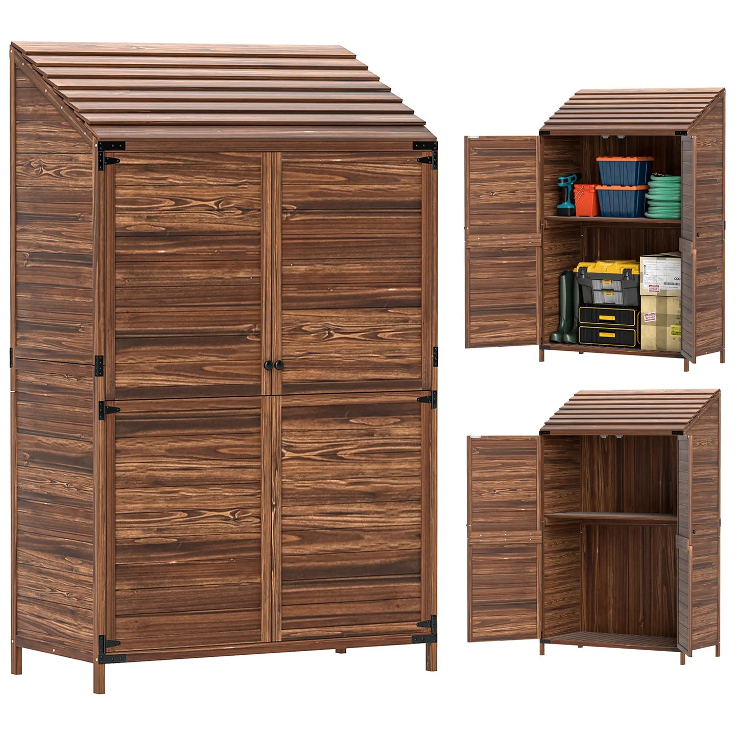Outdoor Wooden Storage Cabinet, Double Doors with Shelves, Mixed-Brown, Brown Sheds at Gallery Canada