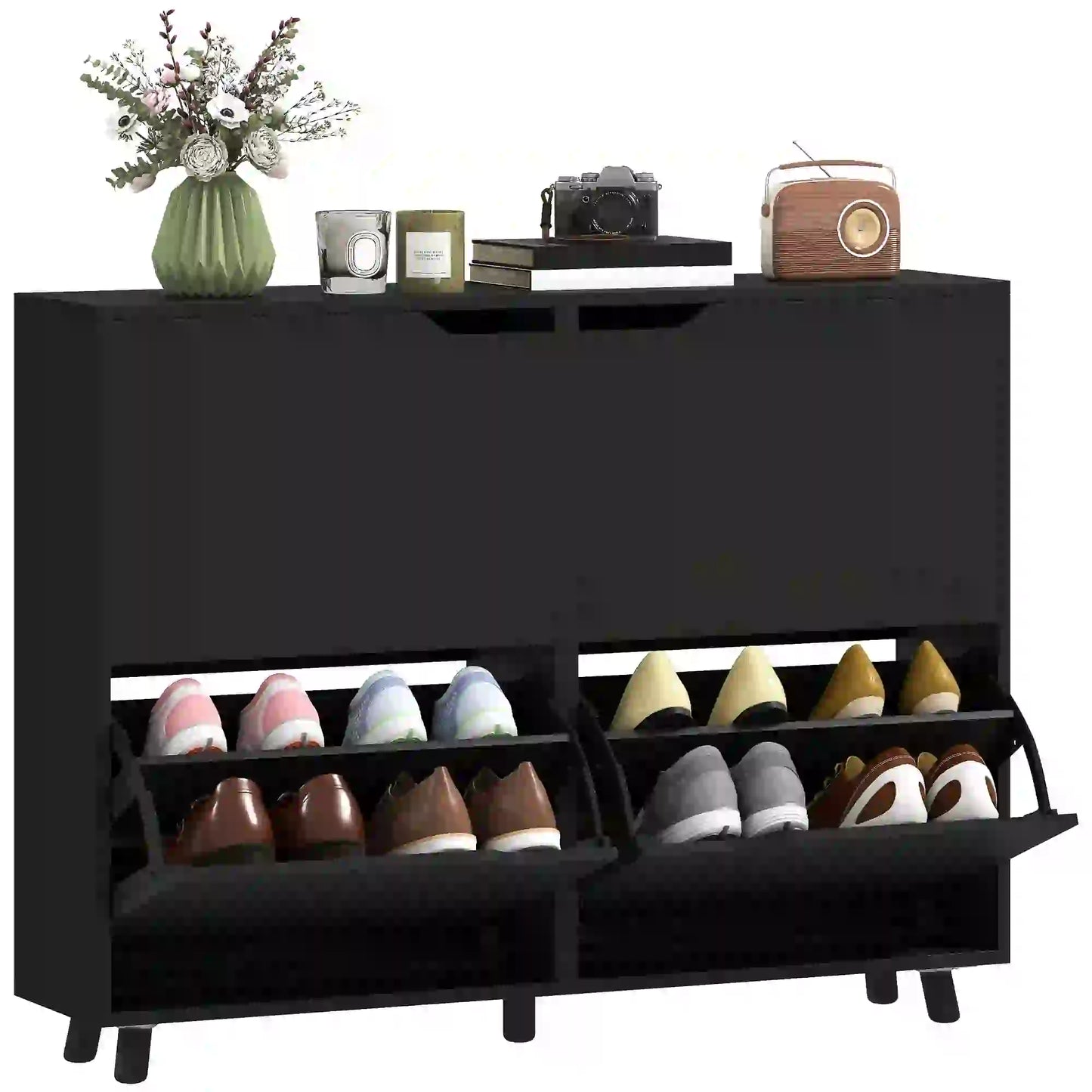 Narrow Shoe Cabinet, 4 Flip Drawers, Adjustable Shelves, 16 Pairs, Black Shoe Storage Cabinets & Racks at Gallery Canada