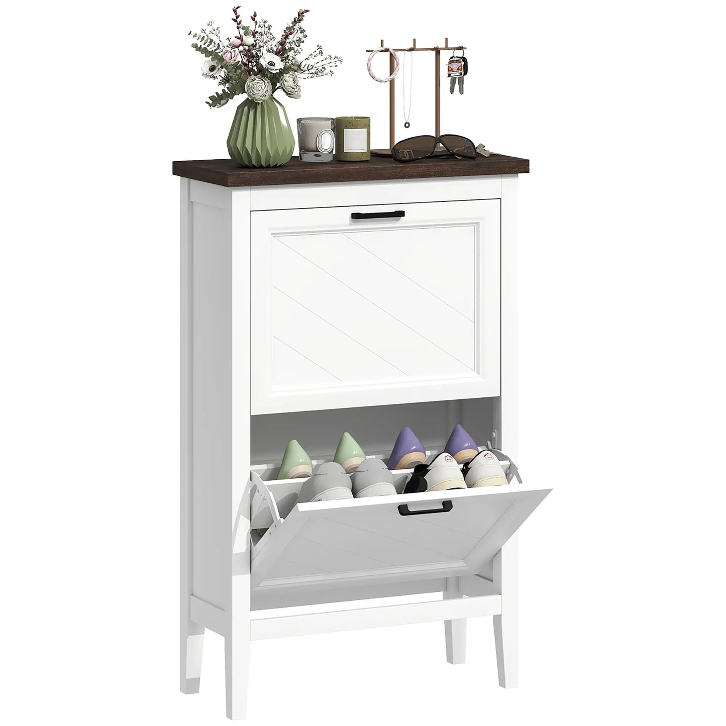 Shoe Cabinet with 2 Flip Drawers, Farmhouse Narrow Shoe Storage Cabinet with Adjustable Shelves, White Shoe Storage Cabinets & Racks at Gallery Canada