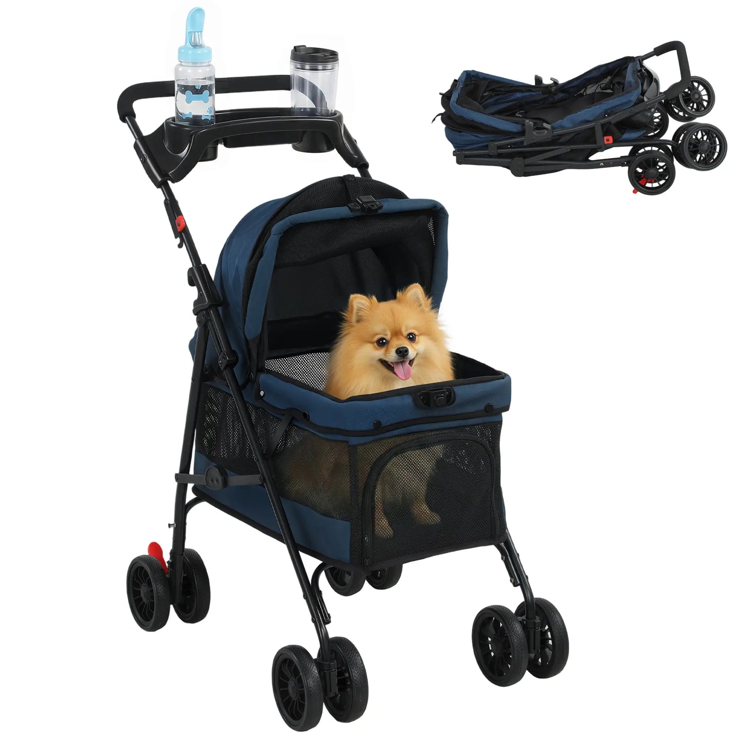 Foldable Pet Stroller for Small Dogs and Cats with 4 Wheels, Mesh Windows, Brake, Removable Pad, Storage Tray, Dark Blue Dog Bike Trailers & Strollers at Gallery Canada